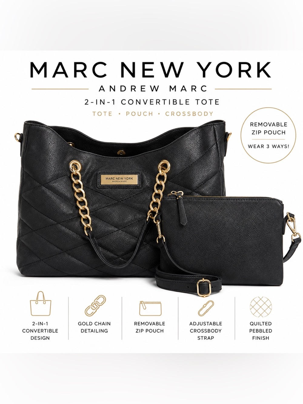 Marc New York Black Quilted 2-in-1 Tote with Gold Chain Details